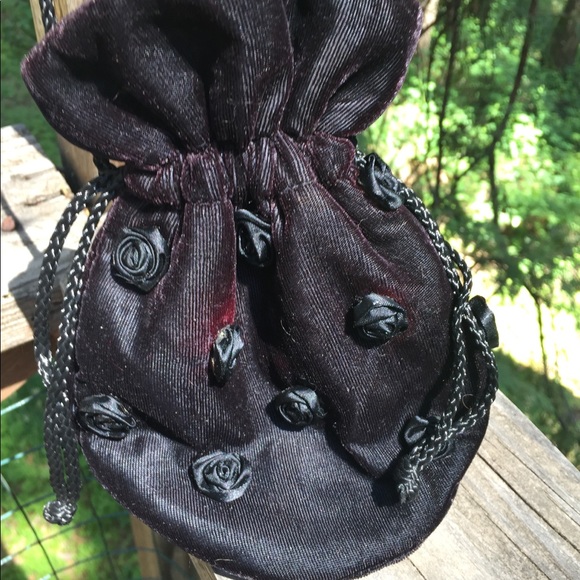 Handbags - Draw string black velvet festival flower detailed satin mini handbag